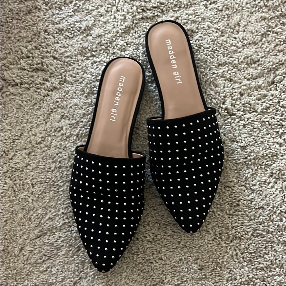 Madden Girl Black Studded Mules with Pointed Toe